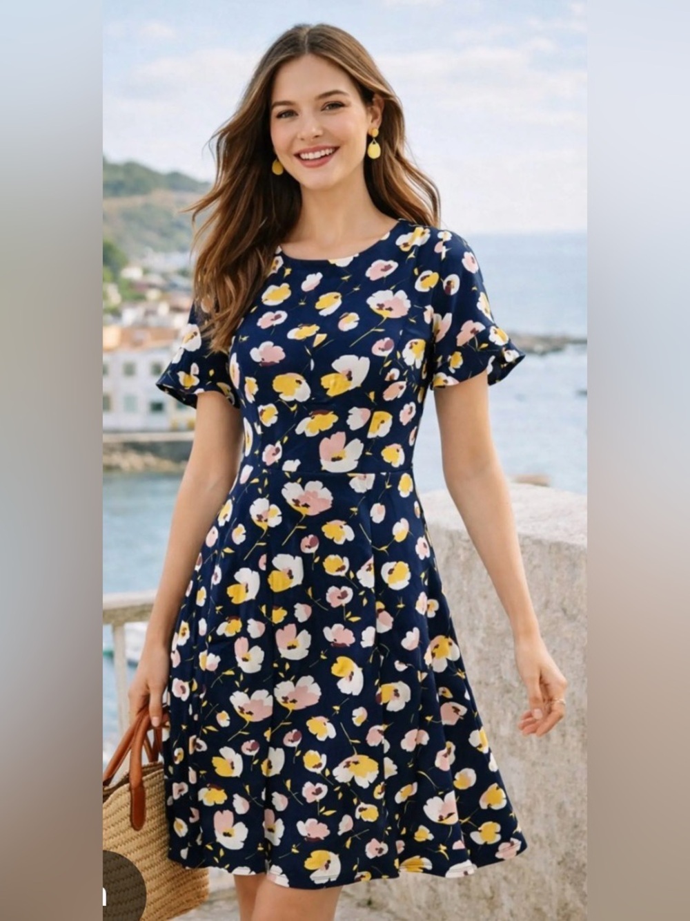 BODEN Alexis Navy Floral Fit-and-Flare Dress with Flutter Sleeves